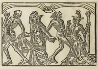 An illustration from La grande danse Macabre des hommes et des femmes : précédée du dict des trois mors et dfs trois vifz, du Débat du corps et de l'âme, et de La complaincte de l'ame dampnée (1862)