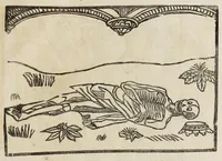 An illustration from La grande danse Macabre des hommes et des femmes : précédée du dict des trois mors et dfs trois vifz, du Débat du corps et de l'âme, et de La complaincte de l'ame dampnée (1862)