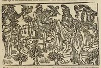 An illustration from La grande danse Macabre des hommes et des femmes : précédée du dict des trois mors et dfs trois vifz, du Débat du corps et de l'âme, et de La complaincte de l'ame dampnée (1862)