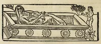 An illustration from La grande danse Macabre des hommes et des femmes : précédée du dict des trois mors et dfs trois vifz, du Débat du corps et de l'âme, et de La complaincte de l'ame dampnée (1862)
