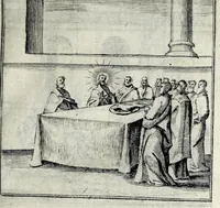 An illustration from L'agreable entretien des ames : sur 168 tableaux souscris de prieres, pour mediter les sts. misteres et pour regler nos vies et mœurs sur celles de n[ot]re sauueur Iesus Christ et de Ste. Marie sa mere, en disant le chapelet du rozaire (1648)