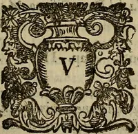 An illustration from La nobilta di Milano, diuisa in sei libri. Nel primo, si narra di tvtti i santi, e beati, di patria milanesi. Co'l numero, e nome de' corpi santi, e reliquie notabili, chiese, monasterij, hospitali, e case pie, che sono nella città, e diocesi di Milano. Nel secondo, si descriuono tutti i papi, cardinali, arciuescoui, vescoui, e prelati graduati milanesi. Nel terzo, si ragiona di tutti i letterati, e componitori milanesi, in qualunque sorte de studij. Nel quarto, si tratta di tutti i rè, imperatori, & huomini valenti, famosi nella militia dell'istessa patria. Con le guerre fatte da milanesi, con altre città. Nel quinto, si fauella de' pittori, scultori, architteti, miniatori, & altri virtuosi, in diuerse sorti di virtù, milanesi. Nel sesto, leggesi le grandezze de' milanesi, la nobiltà di molte casate, le fertilità de' campi, l'anticaglie, e quei c'hanno dominato questa città, et altre cose degne da sapersi (1595)