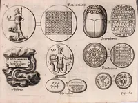 An illustration from La philosophie des images enigmatiques, ou il est traité des enigmes, hieroglyphiques, oracles, propheties, sorts, divinations, loteries, talismans, songes, centuries de Nostradamus, de la baguette (1694)
