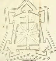 An illustration from L'architettura militare di Gabriello Busca, milanese : nella quale si da contezza ad ogni professore, e seguace della guerra tanto di grande, quanto di basso titolo, Del modo di fortificare luochi deboli, cinger cittadi, fabricar fortezze, cosi al monte, come alla pianura, e della maniera di diffenderle da qualsiuoglia batteria, & assalto (1619)