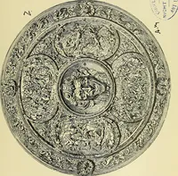 An illustration from L'arte nell'industria : lavori di legno e pastiglia, lavori di metallo, lavori di pietra, marmo, alabastro, ceramica, musaico, vetro, lavori di osso e avorio, lavori tessili, carte da parati e cuoi decorati, ricami, pizzi, cartelloni, stampe, ecc. (1907)