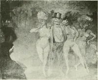 An illustration from L'art à la Taverne de Paris. Chéret, Abel Faivre, Grün, Léandre, Métivet, Steinlen, Willette, artistes peintres. Emile Robert, ferronnier d'art. Jacques Hermant, architecte. Photogravures de Ducourtioux et Huillard, d'après les clichés de Simonet (1906)