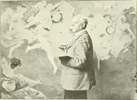 An illustration from L'art à la Taverne de Paris. Chéret, Abel Faivre, Grün, Léandre, Métivet, Steinlen, Willette, artistes peintres. Emile Robert, ferronnier d'art. Jacques Hermant, architecte. Photogravures de Ducourtioux et Huillard, d'après les clichés de Simonet (1906)