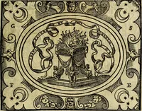 An illustration from La sententiose imprese, et dialogo del Symeone. Con la verificatione del sito di Gergobia, la geografia d'Ouernia, la figura & tempio d'Apolline in Velay; & il suo hieroglyfico monumento, natiuità, vita & epitaffio (1560)