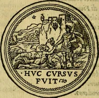 An illustration from La sententiose imprese, et dialogo del Symeone. Con la verificatione del sito di Gergobia, la geografia d'Ouernia, la figura & tempio d'Apolline in Velay; & il suo hieroglyfico monumento, natiuità, vita & epitaffio (1560)