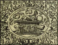 An illustration from La sententiose imprese, et dialogo del Symeone. Con la verificatione del sito di Gergobia, la geografia d'Ouernia, la figura & tempio d'Apolline in Velay; & il suo hieroglyfico monumento, natiuità, vita & epitaffio (1560)