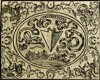 An illustration from La sententiose imprese, et dialogo del Symeone. Con la verificatione del sito di Gergobia, la geografia d'Ouernia, la figura & tempio d'Apolline in Velay; & il suo hieroglyfico monumento, natiuità, vita & epitaffio (1560)