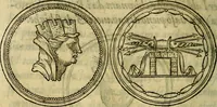 Picture 153 of 174 from La sententiose imprese, et dialogo del Symeone. Con la verificatione del sito di Gergobia, la geografia d'Ouernia, la figura & tempio d'Apolline in Velay; & il suo hieroglyfico monumento, natiuità, vita & epitaffio (1560), leaf 245