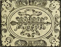 An illustration from La sententiose imprese, et dialogo del Symeone. Con la verificatione del sito di Gergobia, la geografia d'Ouernia, la figura & tempio d'Apolline in Velay; & il suo hieroglyfico monumento, natiuità, vita & epitaffio (1560)
