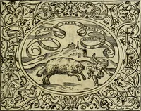 An illustration from La sententiose imprese, et dialogo del Symeone. Con la verificatione del sito di Gergobia, la geografia d'Ouernia, la figura & tempio d'Apolline in Velay; & il suo hieroglyfico monumento, natiuità, vita & epitaffio (1560)