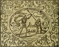 An illustration from La sententiose imprese, et dialogo del Symeone. Con la verificatione del sito di Gergobia, la geografia d'Ouernia, la figura & tempio d'Apolline in Velay; & il suo hieroglyfico monumento, natiuità, vita & epitaffio (1560)