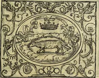 An illustration from La sententiose imprese, et dialogo del Symeone. Con la verificatione del sito di Gergobia, la geografia d'Ouernia, la figura & tempio d'Apolline in Velay; & il suo hieroglyfico monumento, natiuità, vita & epitaffio (1560)