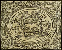 An illustration from La sententiose imprese, et dialogo del Symeone. Con la verificatione del sito di Gergobia, la geografia d'Ouernia, la figura & tempio d'Apolline in Velay; & il suo hieroglyfico monumento, natiuità, vita & epitaffio (1560)