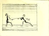 An illustration from La spada maestra di me Bondì di Mazo da Venetia : libro, doue si trattano i vantaggi della nobilissima professione della scherma sì del caminare, girare, & ritirarsi, come del ferire sicuramente, e difendersi (1696)