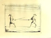 An illustration from La spada maestra di me Bondì di Mazo da Venetia : libro, doue si trattano i vantaggi della nobilissima professione della scherma sì del caminare, girare, & ritirarsi, come del ferire sicuramente, e difendersi (1696)