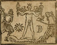 An illustration from The last vvill and testament of Basil Valentine, monke of the order of St. Bennet : which, being alone, he hid under a table of marble, behind the high-altar of the cathedral church, in the imperial city of Erford : leaving it there to be found by him, whom Gods providence should make worthy of it : to which is added two treatises, the first declaring his manual operations, the second shewing things natural and supernatural (1671)