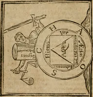 An illustration from The last vvill and testament of Basil Valentine, monke of the order of St. Bennet : which, being alone, he hid under a table of marble, behind the high-altar of the cathedral church, in the imperial city of Erford : leaving it there to be found by him, whom Gods providence should make worthy of it : to which is added two treatises, the first declaring his manual operations, the second shewing things natural and supernatural (1671)