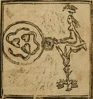 An illustration from The last vvill and testament of Basil Valentine, monke of the order of St. Bennet : which, being alone, he hid under a table of marble, behind the high-altar of the cathedral church, in the imperial city of Erford : leaving it there to be found by him, whom Gods providence should make worthy of it : to which is added two treatises, the first declaring his manual operations, the second shewing things natural and supernatural (1671)