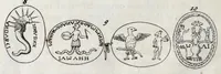 An illustration from Laurentii Pignorii Patavini Mensa Isiaca : qua sacrorum apud Aegyptios ratio & simulacra subjectis tabulis aeneis simul exhibentur & explicantur : accessit ejusdem authoris de Magna Deum Matre discursus, & sigillorum, gemmarum, amuletorum aliquot figurae & earundem ex Kirchero Chifletioque interpretatio : nec non Jacobi Philippi Tomasini Manus aenea, & de vita rebusque Pignorii dissertatio. (1669)