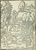 An illustration from La venerie de Jacques du Fouilloux, gentil-homme, seigneur dudit lieu, pays de Gastine, en Poitou; ... avec plusieurs receptes et remedes pour guerir les chiens de diverses maladies; plus, l'Adolescence de l'autheur (1562)