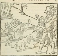 An illustration from La venerie de Jacques du Fouilloux, gentil-homme, seigneur dudit lieu, pays de Gastine, en Poitou; ... avec plusieurs receptes et remedes pour guerir les chiens de diverses maladies; plus, l'Adolescence de l'autheur (1562)