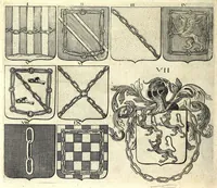 An illustration from La vraye et parfaite science des armoiries, ou, L'Indice armorial de feu maistre Louuan Geliot ... : apprenant et expliquant sommairement les mots & figures dont on se sert au blason des armoiries, & l'origine d'icelles : augmenté de nombre de termes & enrichy de grande multitude d'exemples des armes des familles tant françoise qu'estrangeres, des institutions, des ordres & de leurs colliers, des marques des dignités & charges, des ornemens des escus, de l'office des roys, des herauds, & des poursuiuans d'armes, & autres curiosités despendantes des armoiries ... (1664)