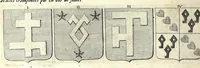 An illustration from La vraye et parfaite science des armoiries, ou, L'Indice armorial de feu maistre Louuan Geliot ... : apprenant et expliquant sommairement les mots & figures dont on se sert au blason des armoiries, & l'origine d'icelles : augmenté de nombre de termes & enrichy de grande multitude d'exemples des armes des familles tant françoise qu'estrangeres, des institutions, des ordres & de leurs colliers, des marques des dignités & charges, des ornemens des escus, de l'office des roys, des herauds, & des poursuiuans d'armes, & autres curiosités despendantes des armoiries ... (1664)