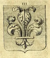 Picture 52 of 105 from La vraye et parfaite science des armoiries, ou, L'Indice armorial de feu maistre Louuan Geliot ... : apprenant et expliquant sommairement les mots & figures dont on se sert au blason des armoiries, & l'origine d'icelles : augmenté de nombre de termes & enrichy de grande multitude d'exemples des armes des familles tant françoise qu'estrangeres, des institutions, des ordres & de leurs colliers, des marques des dignités & charges, des ornemens des escus, de l'office des roys, des herauds, & des poursuiuans d'armes, & autres curiosités despendantes des armoiries ... (1664), leaf 355