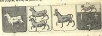 An illustration from La vraye et parfaite science des armoiries, ou, L'Indice armorial de feu maistre Louuan Geliot ... : apprenant et expliquant sommairement les mots & figures dont on se sert au blason des armoiries, & l'origine d'icelles : augmenté de nombre de termes & enrichy de grande multitude d'exemples des armes des familles tant françoise qu'estrangeres, des institutions, des ordres & de leurs colliers, des marques des dignités & charges, des ornemens des escus, de l'office des roys, des herauds, & des poursuiuans d'armes, & autres curiosités despendantes des armoiries ... (1664)