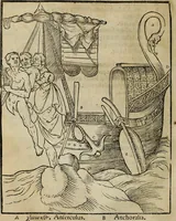 An illustration from Lazari Bayfii annotationes in legem II : De captiuis & postliminio reuersis, in quibus tractatur De re nauali, per autorem recognitæ : eivsdem annotationes in tractatum De auro & argento legato, quibus vestimẽtoru ̃& vasculorũ genera explicat̃ur : his omnibus imagines ab antiquissimis monumentis desumptas ad argumenti declaratione ̃subiunximus. Item Antonii Thylesii De coloribus libellus, à coloribus uestium non alienus (1537)