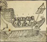 An illustration from Lazari Bayfii annotationes in legem II : De captiuis & postliminio reuersis, in quibus tractatur De re nauali, per autorem recognitæ : eivsdem annotationes in tractatum De auro & argento legato, quibus vestimẽtoru ̃& vasculorũ genera explicat̃ur : his omnibus imagines ab antiquissimis monumentis desumptas ad argumenti declaratione ̃subiunximus. Item Antonii Thylesii De coloribus libellus, à coloribus uestium non alienus (1537)