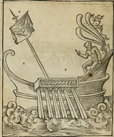 An illustration from Lazari Bayfii annotationes in legem II : De captiuis & postliminio reuersis, in quibus tractatur De re nauali, per autorem recognitæ : eivsdem annotationes in tractatum De auro & argento legato, quibus vestimẽtoru ̃& vasculorũ genera explicat̃ur : his omnibus imagines ab antiquissimis monumentis desumptas ad argumenti declaratione ̃subiunximus. Item Antonii Thylesii De coloribus libellus, à coloribus uestium non alienus (1537)