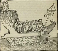 An illustration from Lazari Bayfii annotationes in legem II : De captiuis & postliminio reuersis, in quibus tractatur De re nauali, per autorem recognitæ : eivsdem annotationes in tractatum De auro & argento legato, quibus vestimẽtoru ̃& vasculorũ genera explicat̃ur : his omnibus imagines ab antiquissimis monumentis desumptas ad argumenti declaratione ̃subiunximus. Item Antonii Thylesii De coloribus libellus, à coloribus uestium non alienus (1537)