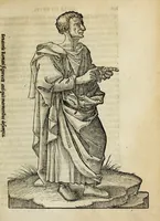 An illustration from Lazari Bayfii annotationes in legem II : De captiuis & postliminio reuersis, in quibus tractatur De re nauali, per autorem recognitæ : eivsdem annotationes in tractatum De auro & argento legato, quibus vestimẽtoru ̃& vasculorũ genera explicat̃ur : his omnibus imagines ab antiquissimis monumentis desumptas ad argumenti declaratione ̃subiunximus. Item Antonii Thylesii De coloribus libellus, à coloribus uestium non alienus (1537)