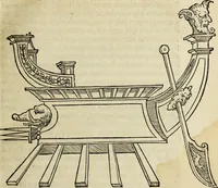 An illustration from Lazari Bayfii annotationes in legem II : De captiuis & postliminio reuersis, in quibus tractatur De re nauali, per autorem recognitæ : eivsdem annotationes in tractatum De auro & argento legato, quibus vestimẽtoru ̃& vasculorũ genera explicat̃ur : his omnibus imagines ab antiquissimis monumentis desumptas ad argumenti declaratione ̃subiunximus. Item Antonii Thylesii De coloribus libellus, à coloribus uestium non alienus (1537)