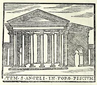 Picture 37 of 55 from Le cose maravigliose dell'alma città di Roma : dove si veggono il movimento delle guglie, & gli acquedutti per condurre l'Acqua Felice, le ample e commode strade, fatte à beneficio publico dal santissimo Sisto V. P.O.M. : et si tratta delle chiese, rappresentate in disegno da Gieronimo Francino, con le stationi, & reliquie de' corpi santi che vi sono, et vn trattato del modo d'acquistare l'indulgenze : la guida romana, che insegna facilmente à i forastieri à ritrouare le più notabili cose di Roma : li nomi de i sommi pontefici, imperatori, & altri principi christiani : il numero delle parrocchie & compagnie che sono in Roma : l'antichità di Roma, breuemente raccolta : & vn discorso sopra li fuochi de gli antichi (1588), leaf 102