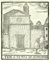 An illustration from Le cose maravigliose dell'alma città di Roma : dove si veggono il movimento delle guglie, & gli acquedutti per condurre l'Acqua Felice, le ample e commode strade, fatte à beneficio publico dal santissimo Sisto V. P.O.M. : et si tratta delle chiese, rappresentate in disegno da Gieronimo Francino, con le stationi, & reliquie de' corpi santi che vi sono, et vn trattato del modo d'acquistare l'indulgenze : la guida romana, che insegna facilmente à i forastieri à ritrouare le più notabili cose di Roma : li nomi de i sommi pontefici, imperatori, & altri principi christiani : il numero delle parrocchie & compagnie che sono in Roma : l'antichità di Roma, breuemente raccolta : & vn discorso sopra li fuochi de gli antichi (1588)