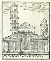 An illustration from Le cose maravigliose dell'alma città di Roma : dove si veggono il movimento delle guglie, & gli acquedutti per condurre l'Acqua Felice, le ample e commode strade, fatte à beneficio publico dal santissimo Sisto V. P.O.M. : et si tratta delle chiese, rappresentate in disegno da Gieronimo Francino, con le stationi, & reliquie de' corpi santi che vi sono, et vn trattato del modo d'acquistare l'indulgenze : la guida romana, che insegna facilmente à i forastieri à ritrouare le più notabili cose di Roma : li nomi de i sommi pontefici, imperatori, & altri principi christiani : il numero delle parrocchie & compagnie che sono in Roma : l'antichità di Roma, breuemente raccolta : & vn discorso sopra li fuochi de gli antichi (1588)