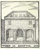 Picture 42 of 55 from Le cose maravigliose dell'alma città di Roma : dove si veggono il movimento delle guglie, & gli acquedutti per condurre l'Acqua Felice, le ample e commode strade, fatte à beneficio publico dal santissimo Sisto V. P.O.M. : et si tratta delle chiese, rappresentate in disegno da Gieronimo Francino, con le stationi, & reliquie de' corpi santi che vi sono, et vn trattato del modo d'acquistare l'indulgenze : la guida romana, che insegna facilmente à i forastieri à ritrouare le più notabili cose di Roma : li nomi de i sommi pontefici, imperatori, & altri principi christiani : il numero delle parrocchie & compagnie che sono in Roma : l'antichità di Roma, breuemente raccolta : & vn discorso sopra li fuochi de gli antichi (1588), leaf 110