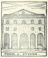 An illustration from Le cose maravigliose dell'alma città di Roma : dove si veggono il movimento delle guglie, & gli acquedutti per condurre l'Acqua Felice, le ample e commode strade, fatte à beneficio publico dal santissimo Sisto V. P.O.M. : et si tratta delle chiese, rappresentate in disegno da Gieronimo Francino, con le stationi, & reliquie de' corpi santi che vi sono, et vn trattato del modo d'acquistare l'indulgenze : la guida romana, che insegna facilmente à i forastieri à ritrouare le più notabili cose di Roma : li nomi de i sommi pontefici, imperatori, & altri principi christiani : il numero delle parrocchie & compagnie che sono in Roma : l'antichità di Roma, breuemente raccolta : & vn discorso sopra li fuochi de gli antichi (1588)