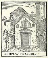 An illustration from Le cose maravigliose dell'alma città di Roma : dove si veggono il movimento delle guglie, & gli acquedutti per condurre l'Acqua Felice, le ample e commode strade, fatte à beneficio publico dal santissimo Sisto V. P.O.M. : et si tratta delle chiese, rappresentate in disegno da Gieronimo Francino, con le stationi, & reliquie de' corpi santi che vi sono, et vn trattato del modo d'acquistare l'indulgenze : la guida romana, che insegna facilmente à i forastieri à ritrouare le più notabili cose di Roma : li nomi de i sommi pontefici, imperatori, & altri principi christiani : il numero delle parrocchie & compagnie che sono in Roma : l'antichità di Roma, breuemente raccolta : & vn discorso sopra li fuochi de gli antichi (1588)