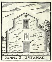 An illustration from Le cose maravigliose dell'alma città di Roma : dove si veggono il movimento delle guglie, & gli acquedutti per condurre l'Acqua Felice, le ample e commode strade, fatte à beneficio publico dal santissimo Sisto V. P.O.M. : et si tratta delle chiese, rappresentate in disegno da Gieronimo Francino, con le stationi, & reliquie de' corpi santi che vi sono, et vn trattato del modo d'acquistare l'indulgenze : la guida romana, che insegna facilmente à i forastieri à ritrouare le più notabili cose di Roma : li nomi de i sommi pontefici, imperatori, & altri principi christiani : il numero delle parrocchie & compagnie che sono in Roma : l'antichità di Roma, breuemente raccolta : & vn discorso sopra li fuochi de gli antichi (1588)