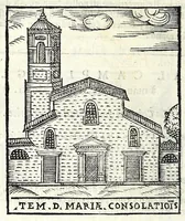 An illustration from Le cose maravigliose dell'alma città di Roma : dove si veggono il movimento delle guglie, & gli acquedutti per condurre l'Acqua Felice, le ample e commode strade, fatte à beneficio publico dal santissimo Sisto V. P.O.M. : et si tratta delle chiese, rappresentate in disegno da Gieronimo Francino, con le stationi, & reliquie de' corpi santi che vi sono, et vn trattato del modo d'acquistare l'indulgenze : la guida romana, che insegna facilmente à i forastieri à ritrouare le più notabili cose di Roma : li nomi de i sommi pontefici, imperatori, & altri principi christiani : il numero delle parrocchie & compagnie che sono in Roma : l'antichità di Roma, breuemente raccolta : & vn discorso sopra li fuochi de gli antichi (1588)