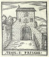 An illustration from Le cose maravigliose dell'alma città di Roma : dove si veggono il movimento delle guglie, & gli acquedutti per condurre l'Acqua Felice, le ample e commode strade, fatte à beneficio publico dal santissimo Sisto V. P.O.M. : et si tratta delle chiese, rappresentate in disegno da Gieronimo Francino, con le stationi, & reliquie de' corpi santi che vi sono, et vn trattato del modo d'acquistare l'indulgenze : la guida romana, che insegna facilmente à i forastieri à ritrouare le più notabili cose di Roma : li nomi de i sommi pontefici, imperatori, & altri principi christiani : il numero delle parrocchie & compagnie che sono in Roma : l'antichità di Roma, breuemente raccolta : & vn discorso sopra li fuochi de gli antichi (1588)
