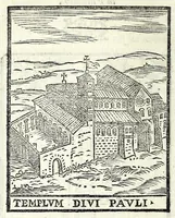 An illustration from Le cose maravigliose dell'alma città di Roma : dove si veggono il movimento delle guglie, & gli acquedutti per condurre l'Acqua Felice, le ample e commode strade, fatte à beneficio publico dal santissimo Sisto V. P.O.M. : et si tratta delle chiese, rappresentate in disegno da Gieronimo Francino, con le stationi, & reliquie de' corpi santi che vi sono, et vn trattato del modo d'acquistare l'indulgenze : la guida romana, che insegna facilmente à i forastieri à ritrouare le più notabili cose di Roma : li nomi de i sommi pontefici, imperatori, & altri principi christiani : il numero delle parrocchie & compagnie che sono in Roma : l'antichità di Roma, breuemente raccolta : & vn discorso sopra li fuochi de gli antichi (1588)