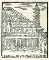 An illustration from Le cose maravigliose dell'alma città di Roma : dove si veggono il movimento delle guglie, & gli acquedutti per condurre l'Acqua Felice, le ample e commode strade, fatte à beneficio publico dal santissimo Sisto V. P.O.M. : et si tratta delle chiese, rappresentate in disegno da Gieronimo Francino, con le stationi, & reliquie de' corpi santi che vi sono, et vn trattato del modo d'acquistare l'indulgenze : la guida romana, che insegna facilmente à i forastieri à ritrouare le più notabili cose di Roma : li nomi de i sommi pontefici, imperatori, & altri principi christiani : il numero delle parrocchie & compagnie che sono in Roma : l'antichità di Roma, breuemente raccolta : & vn discorso sopra li fuochi de gli antichi (1588)